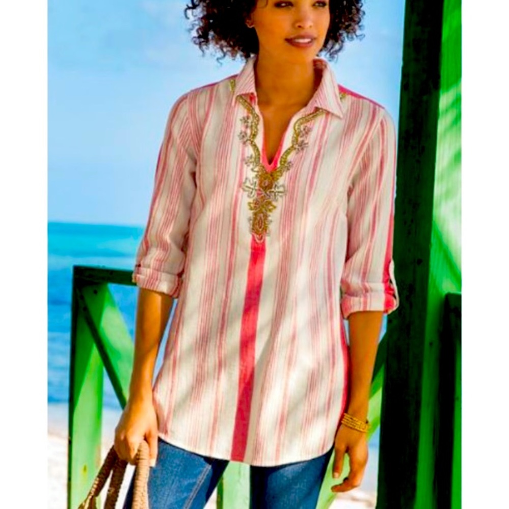 Soft Surroundings Striped Gauze Embellished Tunic Sz M Blouse